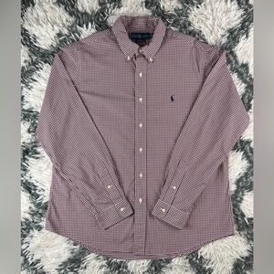Ralph Lauren Men’s Burgundy White Custom Fit Long Sleeve Button Up Shirt Size XL